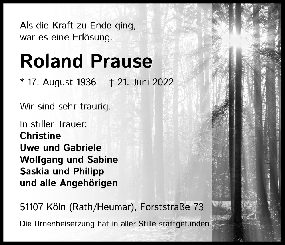  Traueranzeige für Roland Prause vom 13.07.2022 aus Kölner Stadt-Anzeiger / Kölnische Rundschau / Express