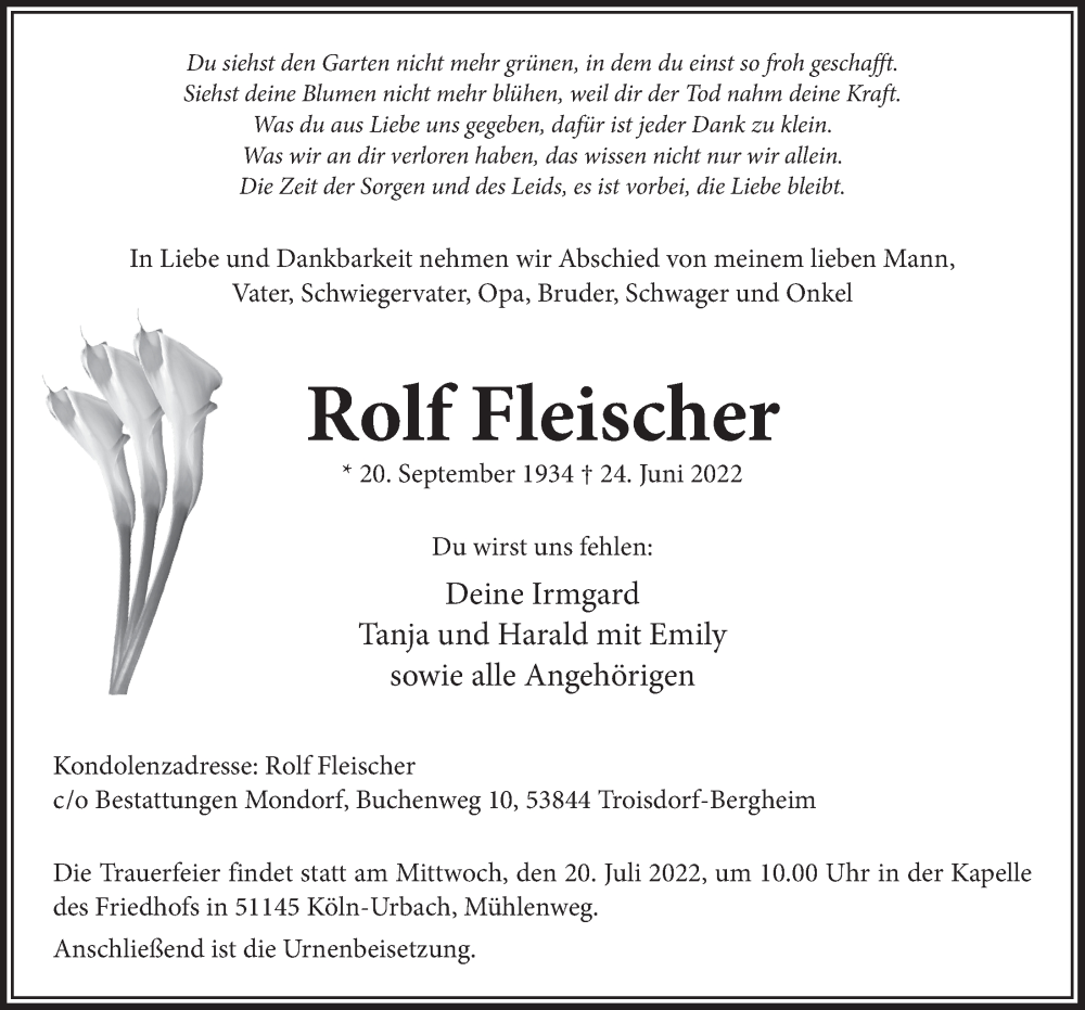  Traueranzeige für Rolf Fleischer vom 08.07.2022 aus  EXPRESS - Die Woche 
