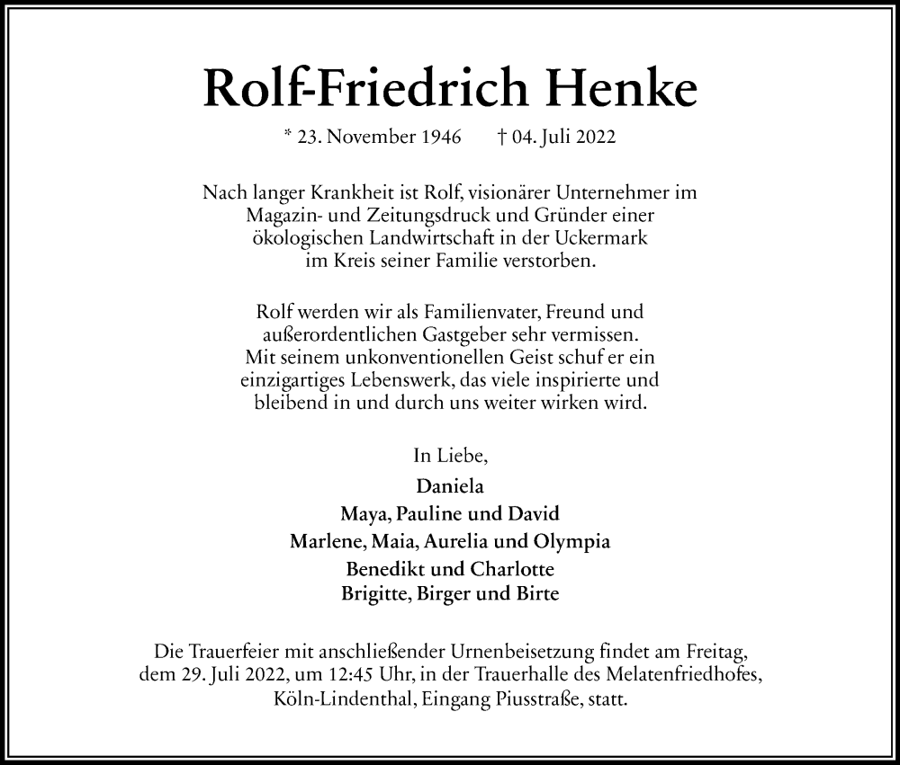  Traueranzeige für Rolf-Friedrich Henke vom 23.07.2022 aus Kölner Stadt-Anzeiger / Kölnische Rundschau / Express