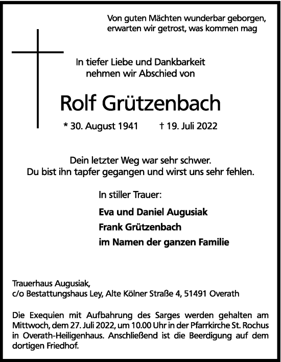 Anzeige von Rolf Grützenbach von Kölner Stadt-Anzeiger / Kölnische Rundschau / Express
