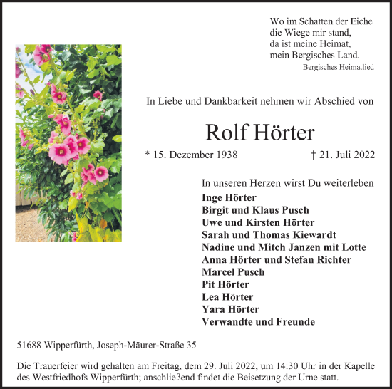 Anzeige von Rolf Hörter von Kölner Stadt-Anzeiger / Kölnische Rundschau / Express