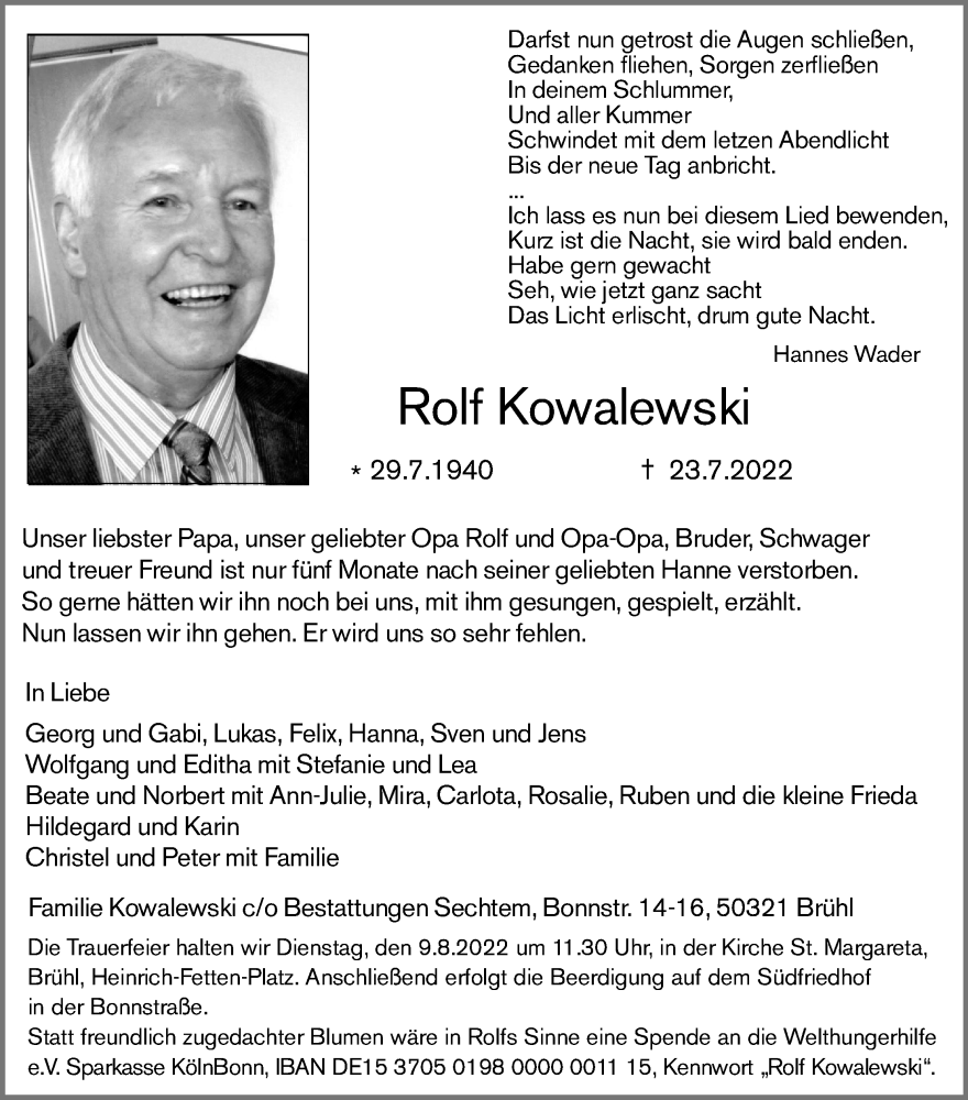  Traueranzeige für Rolf Kowalewski vom 28.07.2022 aus Kölner Stadt-Anzeiger / Kölnische Rundschau / Express