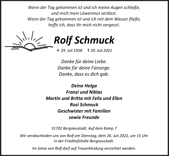 Anzeige von Rolf Schmuck von Kölner Stadt-Anzeiger / Kölnische Rundschau / Express