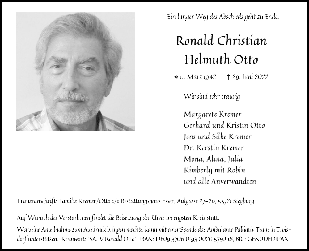  Traueranzeige für Ronald Christian Helmuth Otto vom 16.07.2022 aus Kölner Stadt-Anzeiger / Kölnische Rundschau / Express
