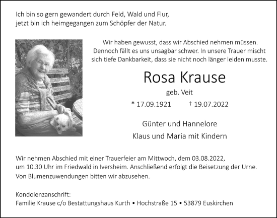 Anzeige von Rosa Krause von  Blickpunkt Euskirchen 