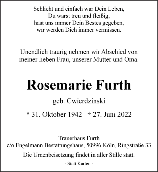 Anzeige von Rosemarie Furth von  EXPRESS - Die Woche 