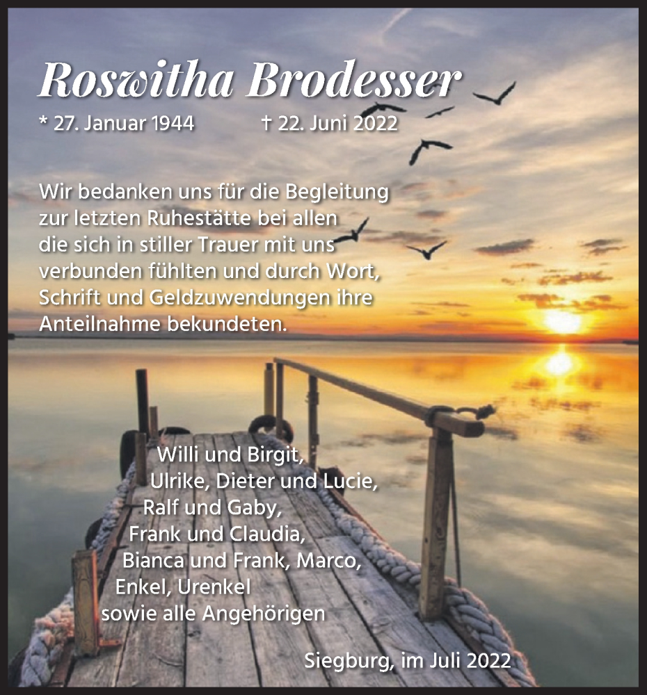  Traueranzeige für Roswitha Brodesser vom 25.07.2022 aus Kölner Stadt-Anzeiger / Kölnische Rundschau / Express