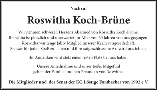 Anzeige von Roswitha Koch-Brüne von  Bergisches Handelsblatt 