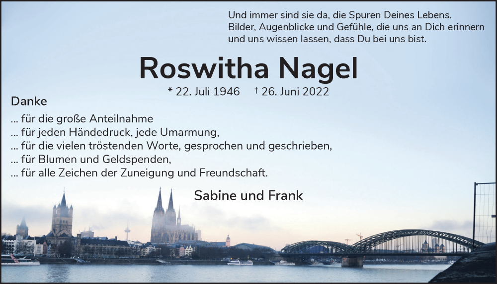  Traueranzeige für Roswitha Nagel vom 15.07.2022 aus  Bergisches Handelsblatt 