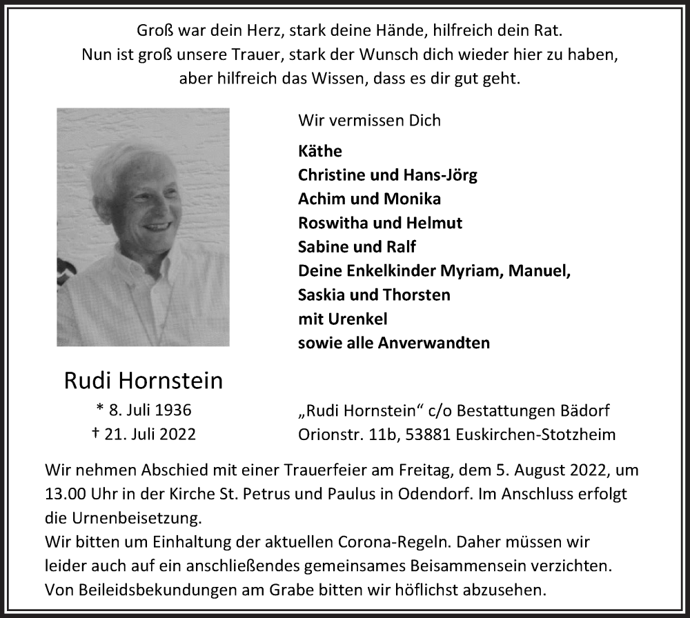  Traueranzeige für Rudi Hornstein vom 30.07.2022 aus  Blickpunkt Euskirchen 