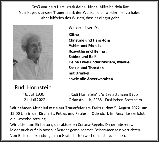 Anzeige von Rudi Hornstein von  Blickpunkt Euskirchen 
