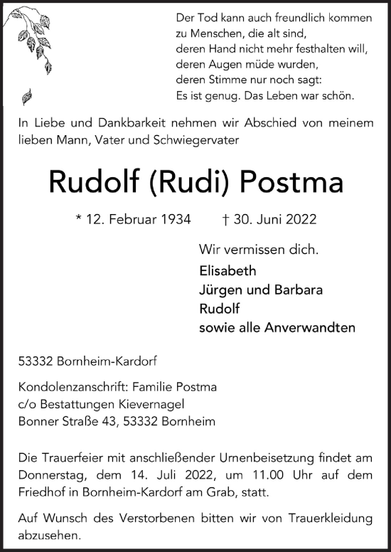 Anzeige von Rudolf Postma von  Schaufenster/Blickpunkt 