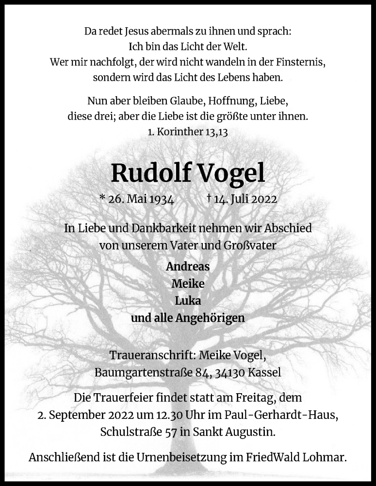  Traueranzeige für Rudolf Vogel vom 23.07.2022 aus Kölner Stadt-Anzeiger / Kölnische Rundschau / Express
