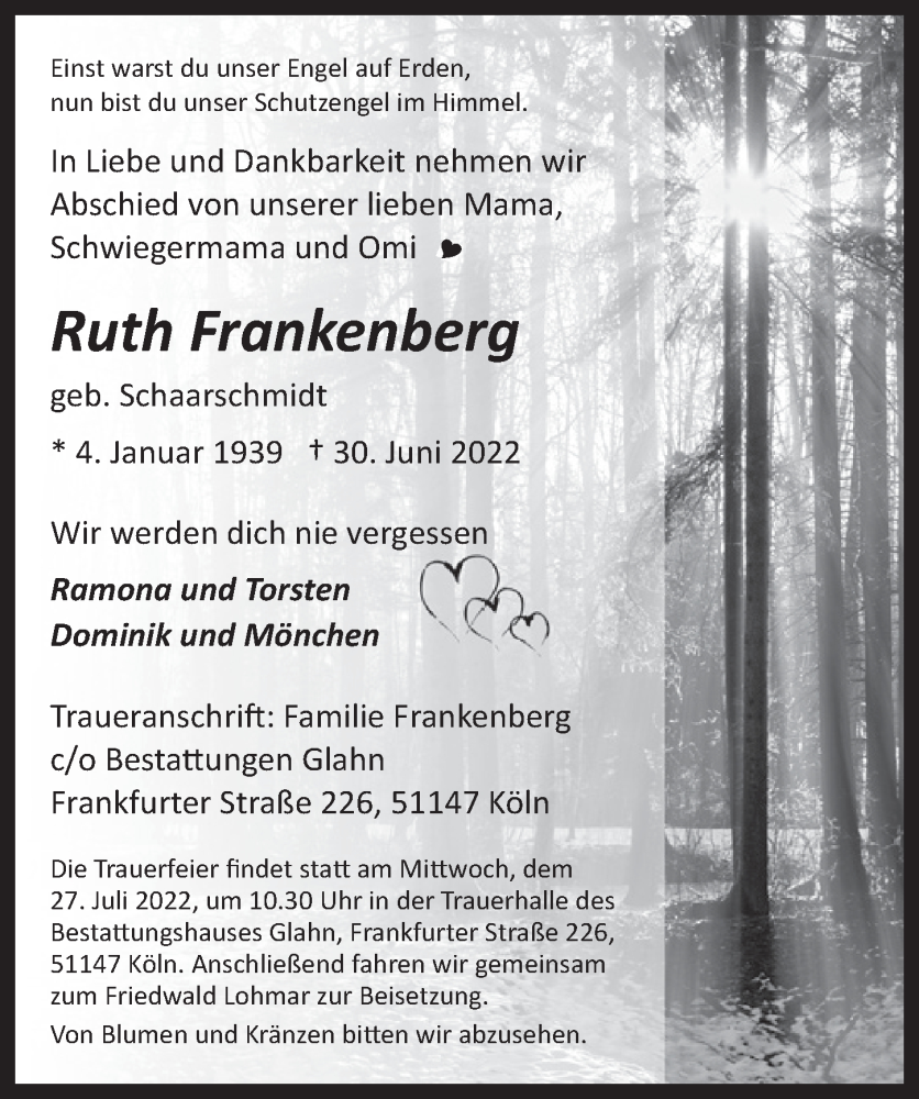  Traueranzeige für Ruth Frankenberg vom 15.07.2022 aus  EXPRESS - Die Woche 
