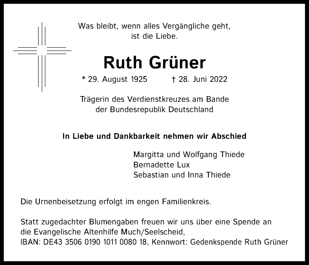  Traueranzeige für Ruth Grüner vom 06.07.2022 aus Kölner Stadt-Anzeiger / Kölnische Rundschau / Express