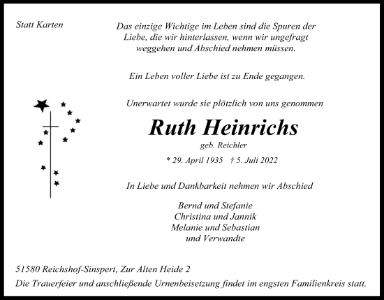 Anzeige von Ruth Heinrichs von Kölner Stadt-Anzeiger / Kölnische Rundschau / Express