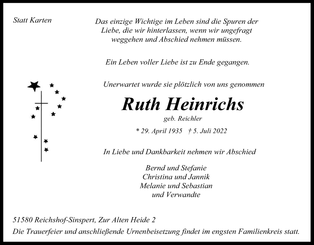  Traueranzeige für Ruth Heinrichs vom 09.07.2022 aus Kölner Stadt-Anzeiger / Kölnische Rundschau / Express