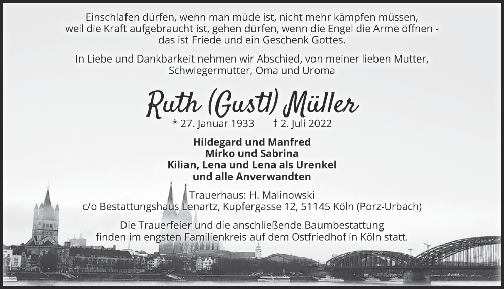  Traueranzeige für Ruth Müller vom 15.07.2022 aus  EXPRESS - Die Woche 
