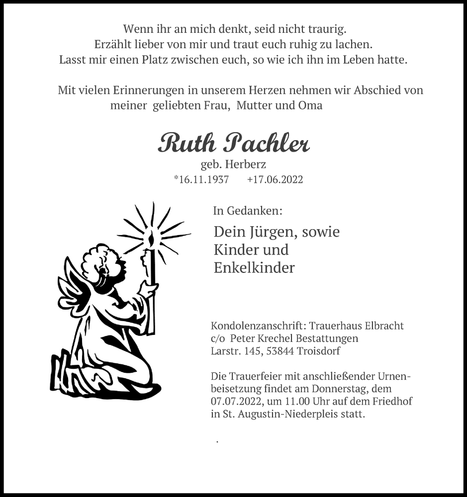  Traueranzeige für Ruth Pachler vom 02.07.2022 aus Kölner Stadt-Anzeiger / Kölnische Rundschau / Express
