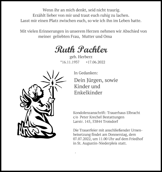 Anzeige von Ruth Pachler von Kölner Stadt-Anzeiger / Kölnische Rundschau / Express