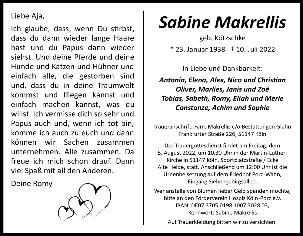  Traueranzeige für Sabine Makrellis vom 16.07.2022 aus Kölner Stadt-Anzeiger / Kölnische Rundschau / Express