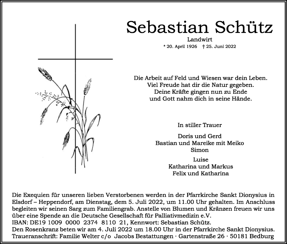  Traueranzeige für Sebastian Schütz vom 02.07.2022 aus Kölner Stadt-Anzeiger / Kölnische Rundschau / Express