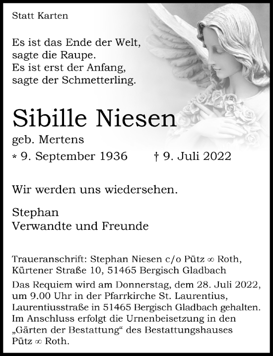 Anzeige von Sibille Niesen von  Bergisches Handelsblatt 
