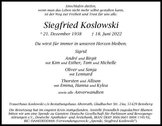 Anzeige von Siegfried Koslowski von Kölner Stadt-Anzeiger / Kölnische Rundschau / Express