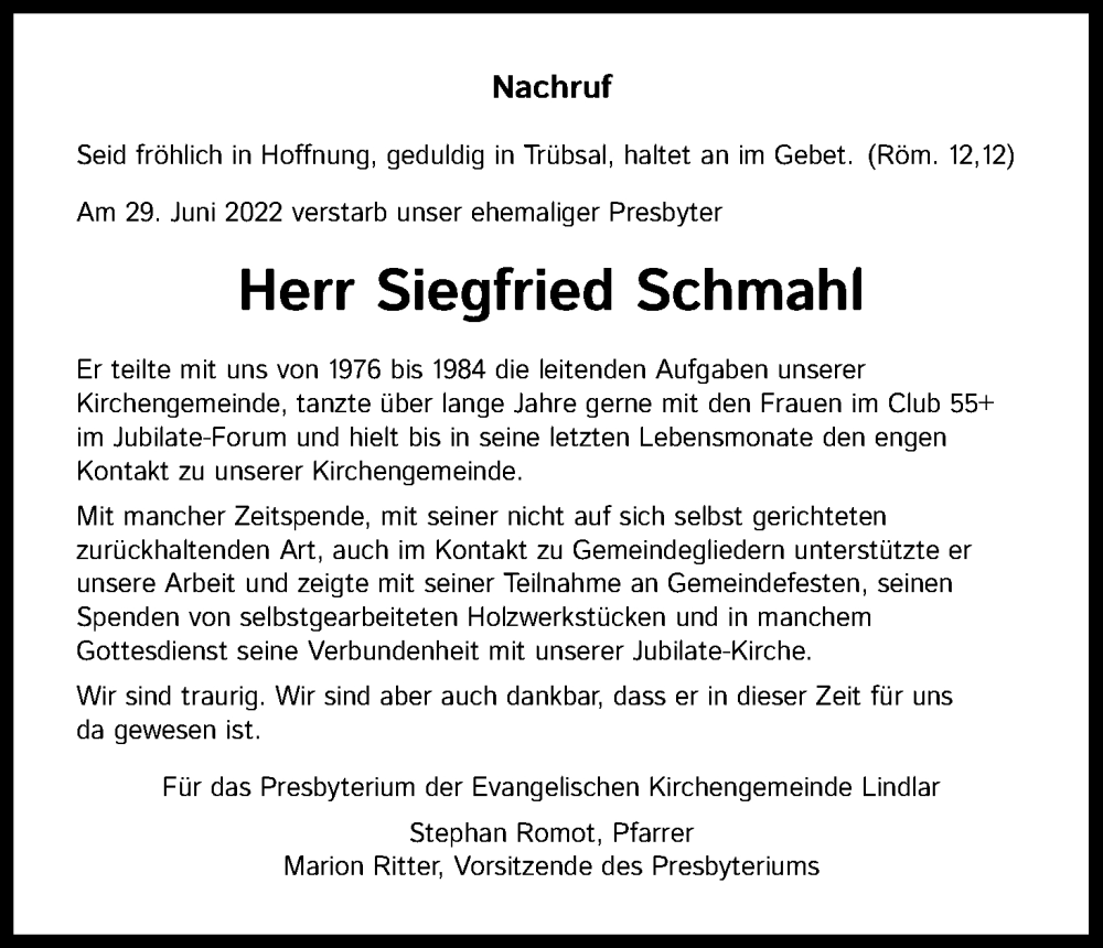  Traueranzeige für Siegfried Schmahl vom 23.07.2022 aus Kölner Stadt-Anzeiger / Kölnische Rundschau / Express