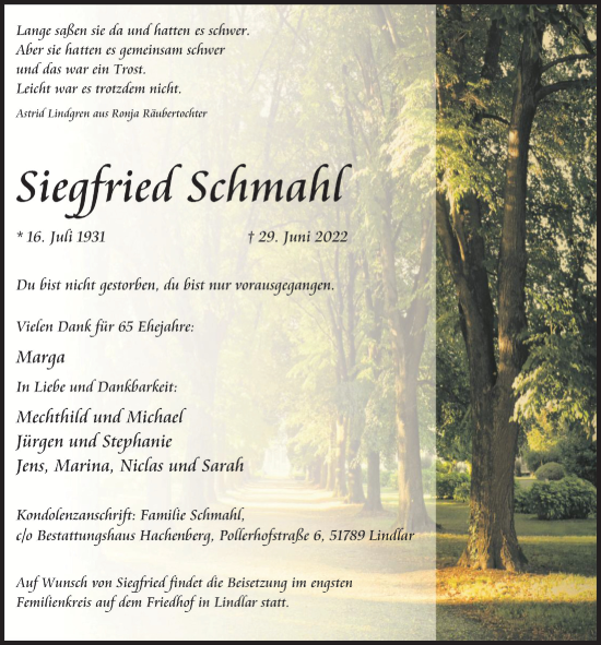 Anzeige von Siegfried Schmahl von  Anzeigen Echo 