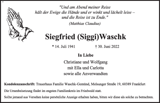 Anzeige von Siegfried Waschk von  Werbepost 