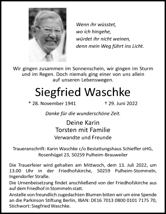 Anzeige von Siegfried Waschke von Kölner Stadt-Anzeiger / Kölnische Rundschau / Express