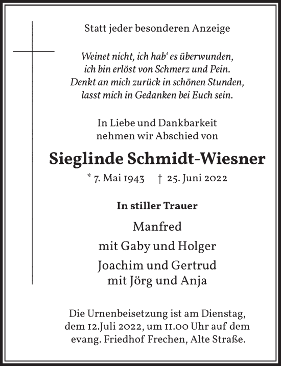 Anzeige von Sieglinde Schmidt-Wiesner von  Wochenende 