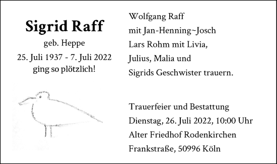 Anzeige von Sigrid Raff von Kölner Stadt-Anzeiger / Kölnische Rundschau / Express
