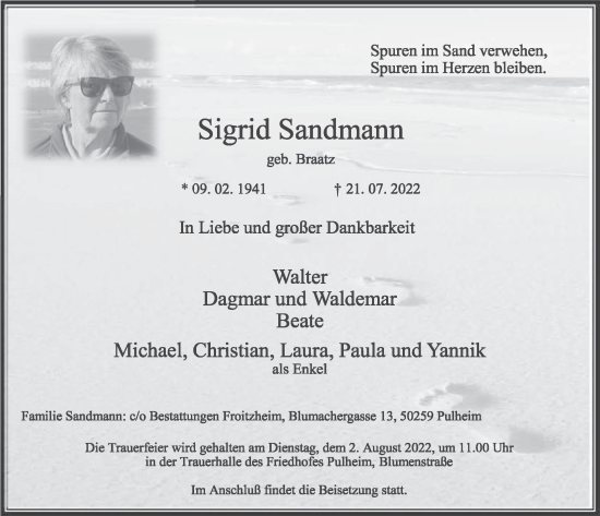 Anzeige von Sigrid Sandmann von  Wochenende 