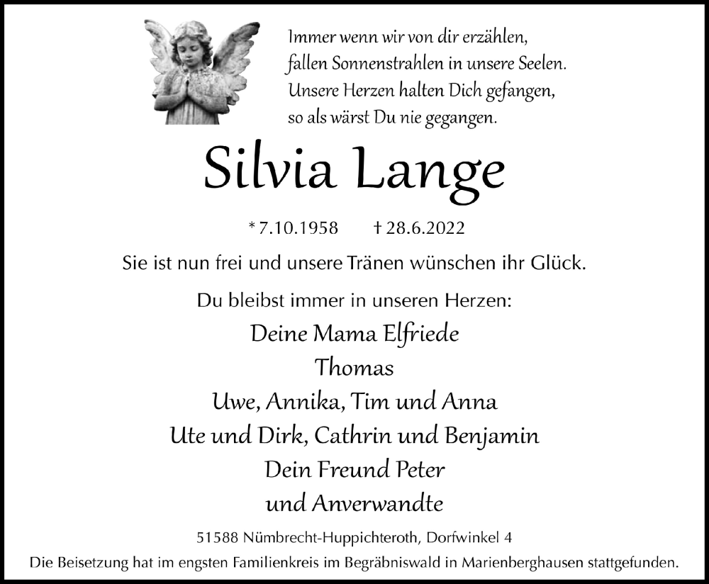  Traueranzeige für Silvia Lange vom 15.07.2022 aus  Lokalanzeiger 