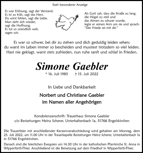 Anzeige von Simone Gaebler von  Bergisches Handelsblatt  Anzeigen Echo 