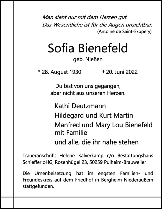 Anzeige von Sofia Bienefeld von Kölner Stadt-Anzeiger / Kölnische Rundschau / Express