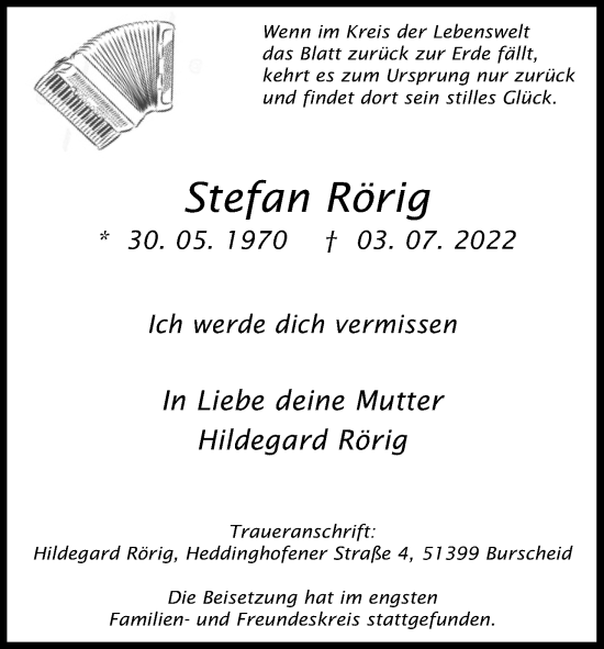 Anzeige von Stefan Rörig von Kölner Stadt-Anzeiger / Kölnische Rundschau / Express