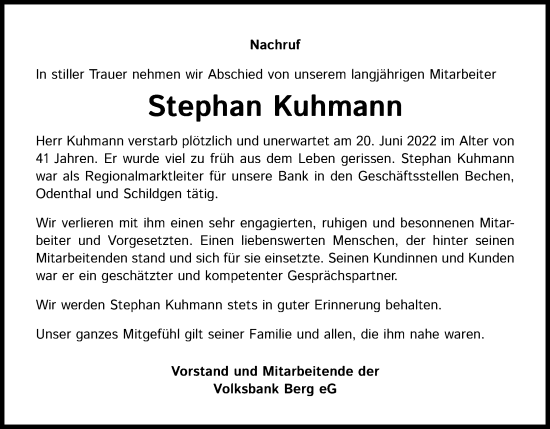 Anzeige von Stephan Kuhmann von Kölner Stadt-Anzeiger / Kölnische Rundschau / Express