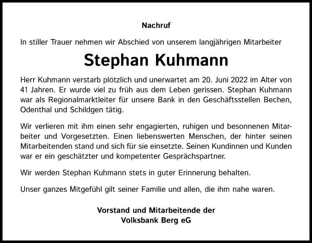  Traueranzeige für Stephan Kuhmann vom 09.07.2022 aus Kölner Stadt-Anzeiger / Kölnische Rundschau / Express