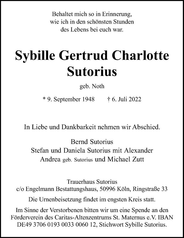  Traueranzeige für Sybille Gertrud Charlotte Sutorius vom 23.07.2022 aus Kölner Stadt-Anzeiger / Kölnische Rundschau / Express