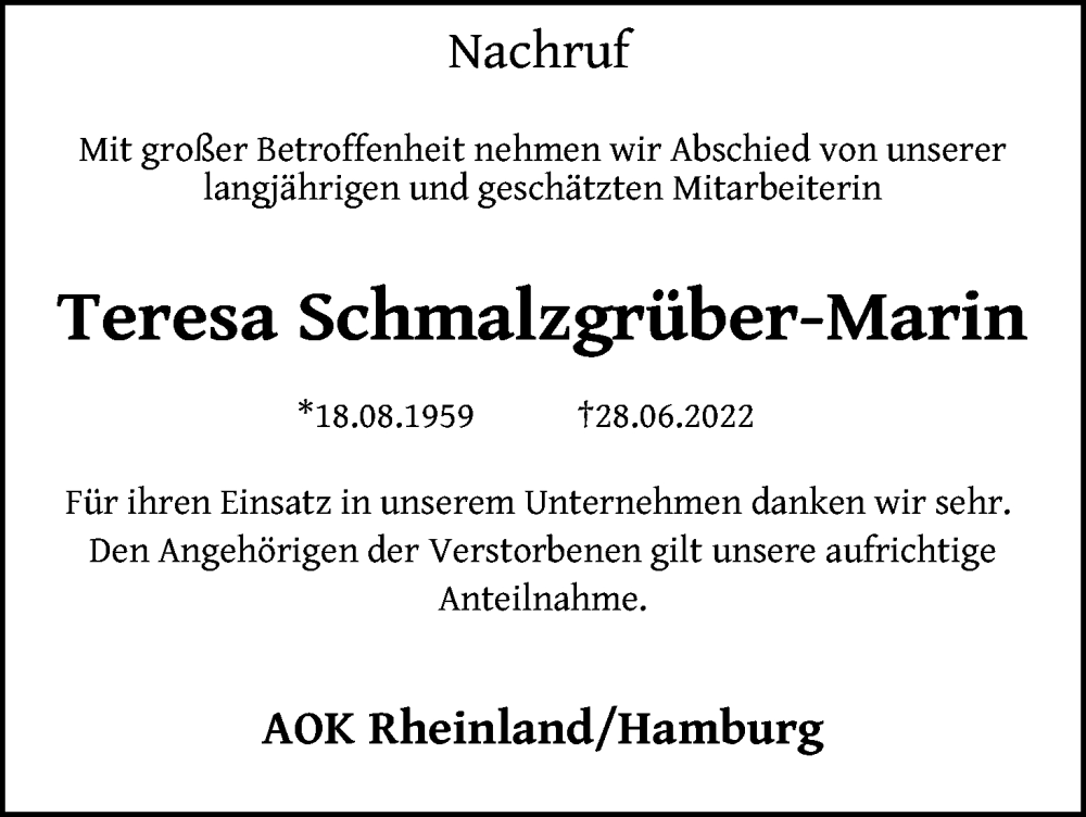  Traueranzeige für Teresa Schmalzgrüber-Marin vom 08.07.2022 aus Kölner Stadt-Anzeiger / Kölnische Rundschau / Express