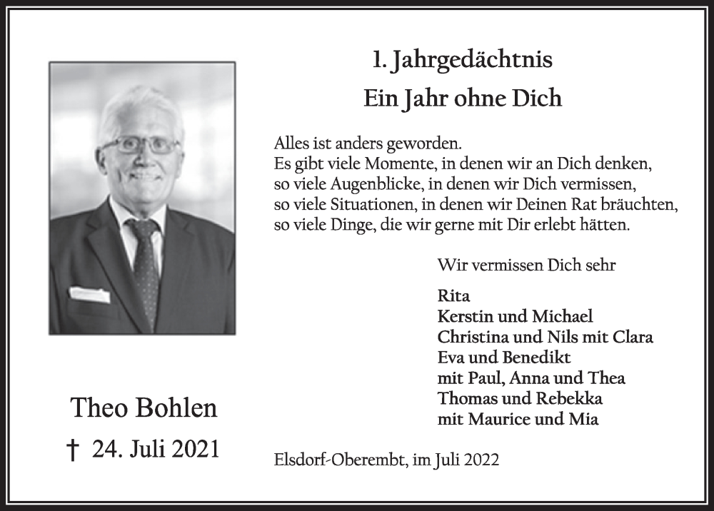  Traueranzeige für Theo Bohlen vom 22.07.2022 aus  Werbepost 