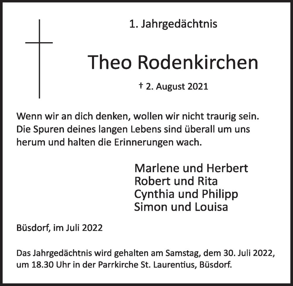  Traueranzeige für Theo Rodenkirchen vom 29.07.2022 aus  Werbepost 