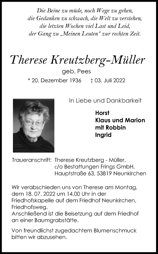 Anzeige von Therese Kreutzberg-Müller von Kölner Stadt-Anzeiger / Kölnische Rundschau / Express