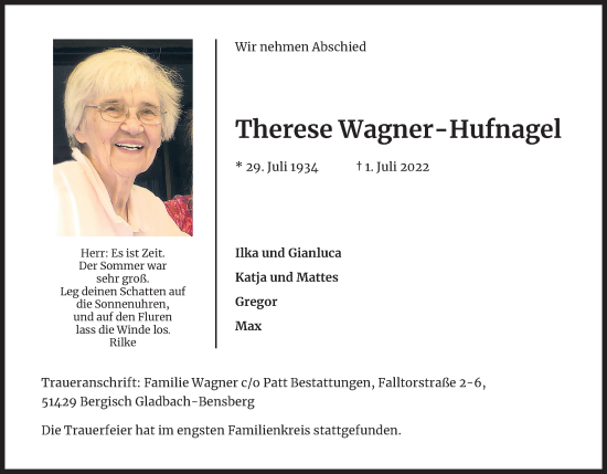 Anzeige von Therese Wagner-Hufnagel von Kölner Stadt-Anzeiger / Kölnische Rundschau / Express