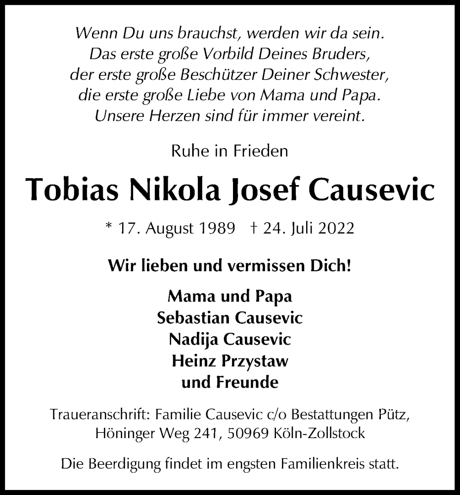  Traueranzeige für Tobias Nikola Josef Causevic vom 30.07.2022 aus Kölner Stadt-Anzeiger / Kölnische Rundschau / Express