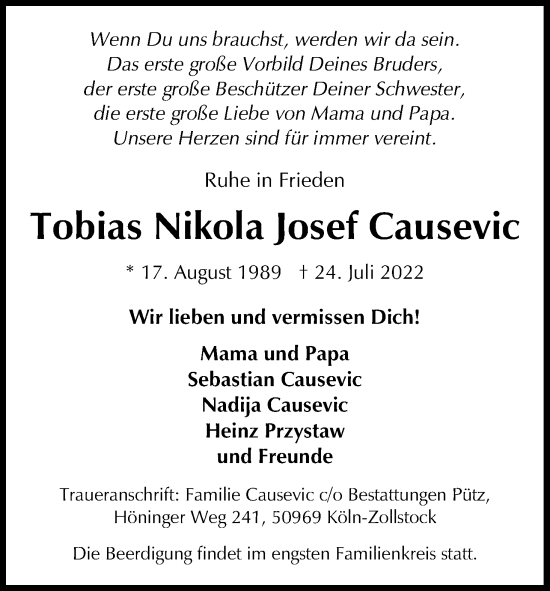 Anzeige von Tobias Nikola Josef Causevic von Kölner Stadt-Anzeiger / Kölnische Rundschau / Express