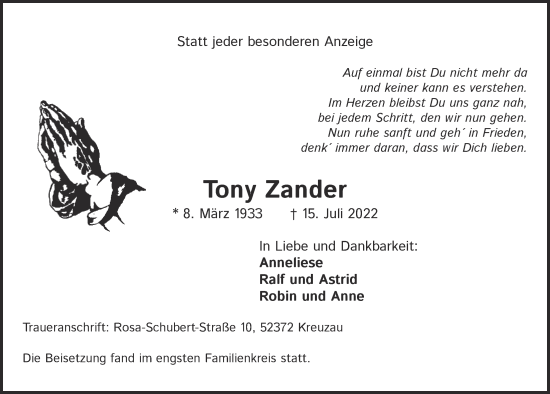Anzeige von Tony Zander von  Werbepost 